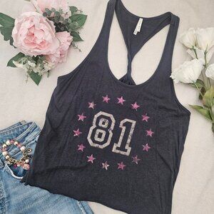 Forever 21 H.81 Gray Graphic Racerback Tank “81” Star Print Twist Back Top